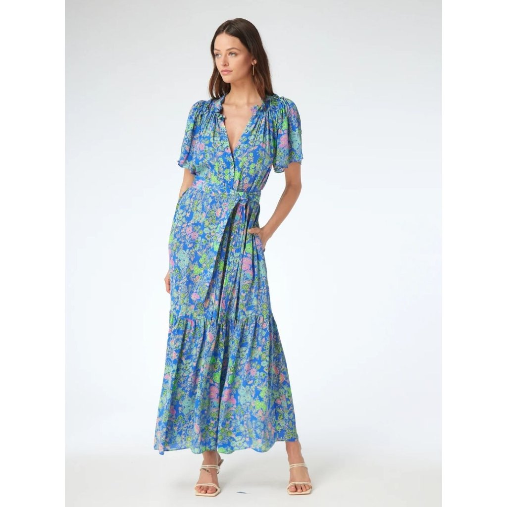 Gilner Farrar Sydney Maxi Dress Blue Green Floral Print Boho Chic Size Large
